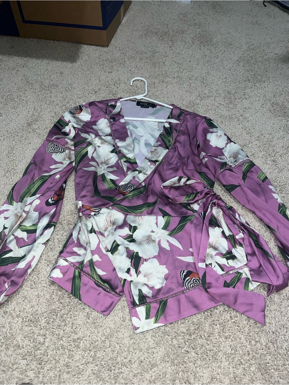 PatBO Purple Floral Top with Green and Pink Trim
